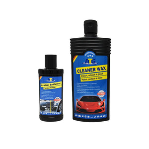 Das ATG® Auto-Sparset Lack – Schutz & Glanz der ATG GmbH & Co. KG enthält zwei wichtige Flaschen: einen Kratzerentferner und ein Cleaner Wax, jeweils geschmückt mit blauen Etiketten, auf denen ein rotes Auto sowie Produktdetails in Englisch und Deutsch abgebildet sind, damit Ihr Fahrzeug mühelos glänzt.