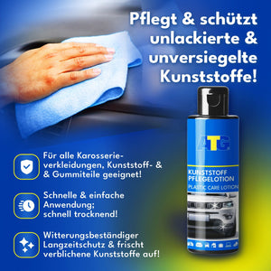 Werbung für die ATG GmbH & Co. KG: Unsere Kunststoffpolitur aus dem ATG® Autopflegeset für den Innenraum kommt in einer eleganten Flasche mit blauem Tuch. Sie revitalisiert unlackierte Kunststoffe und sorgt für unvergleichlichen Glanz und Schutz. Ein Muss für Ihre Autopflege!.