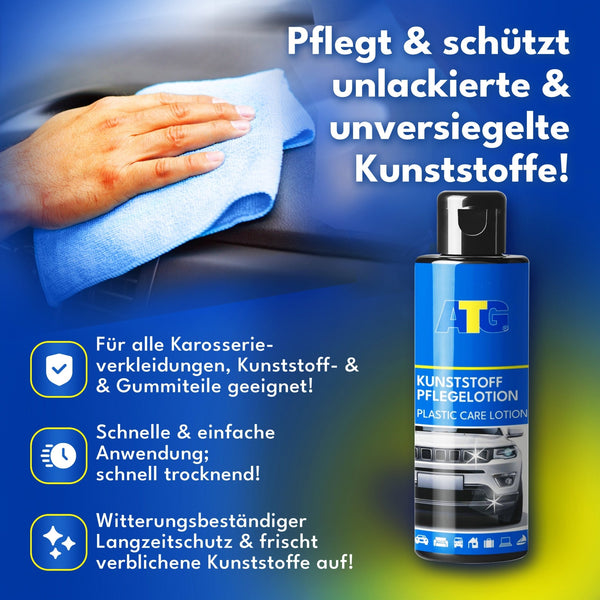 Werbung für die ATG GmbH & Co. KG: Unsere Kunststoffpolitur aus dem ATG® Autopflegeset für den Innenraum kommt in einer eleganten Flasche mit blauem Tuch. Sie revitalisiert unlackierte Kunststoffe und sorgt für unvergleichlichen Glanz und Schutz. Ein Muss für Ihre Autopflege!.