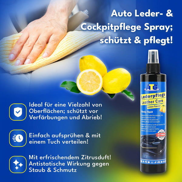 Das ATG® Autopflegeset für den Innenraum der ATG GmbH & Co. KG enthält ein Lederpflegespray mit Zitronenduft und leuchtenden Zitronenmotiven. Es bietet Schutzfunktionen und eine einfache Anwendung für Leder- und Kunststoffpolitur auf verschiedenen Oberflächen.