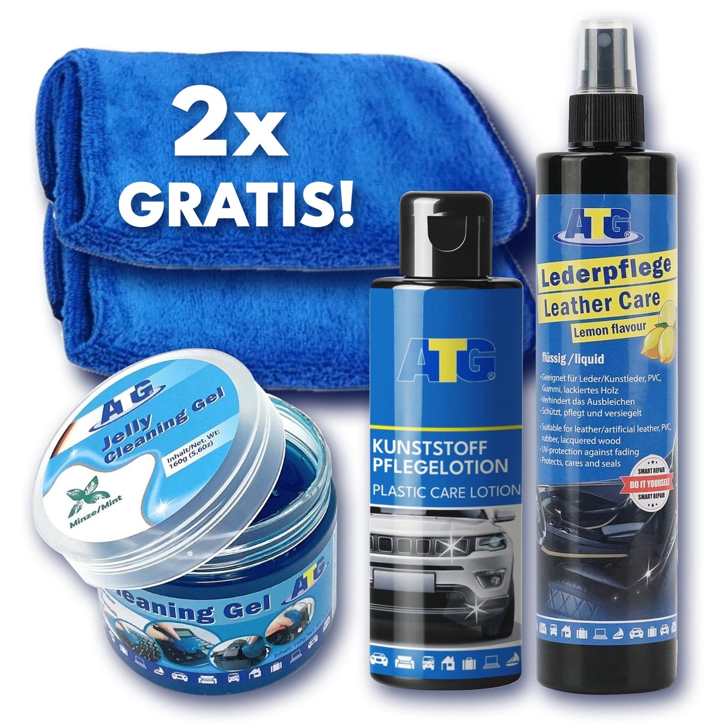 Das ATG® Autopflegeset für den Innenraum der ATG GmbH & Co. KG beinhaltet ein blaues Reinigungstuch mit „2x GRATIS!“ in Weiß, Jelly-Reinigungsgel, Kunststoffpflegelotion und hochwertiges Lederpflegespray mit Zitronenduft zur effektiven Lederreinigung und Kunststoffpolitur.