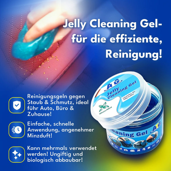 Werbung für ATG® Autopflegeset: Eine Hand wischt blaues Gel auf dem Autodashboard. Vorteile sind einfache Anwendung, Wiederverwendbarkeit und biologische Abbaubarkeit. Entdecken Sie das ideale Set von ATG GmbH & Co. KG für Lederpflege und Kunststoffpolitur!.