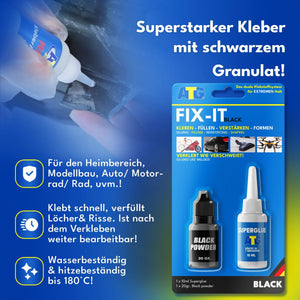Auf der Verpackung von ATG® FIX-IT Die flüssige Schweißnaht schwarz der ATG GmbH & Co. KG sind auf der linken Seite Flaschen mit schwarzem Pulver und Kleber, deutsche Beschreibungen und Hinweise wie starke und dauerhafte Verbindung abgebildet.