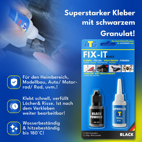Auf der Verpackung von ATG® FIX-IT Die flüssige Schweißnaht schwarz der ATG GmbH & Co. KG sind auf der linken Seite Flaschen mit schwarzem Pulver und Kleber, deutsche Beschreibungen und Hinweise wie starke und dauerhafte Verbindung abgebildet.