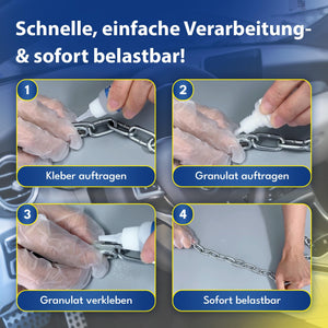 Behandschuhte Hände reparieren eine Metallkette mit ATG® FIX-IT, der flüssigen Schweißnaht schwarz von ATG GmbH & Co. KG. Dabei zeigen sich starke, dauerhafte Verbindungen auf verschiedenen Materialien bei schneller, einfacher Anwendung und sofortiger Belastbarkeit.