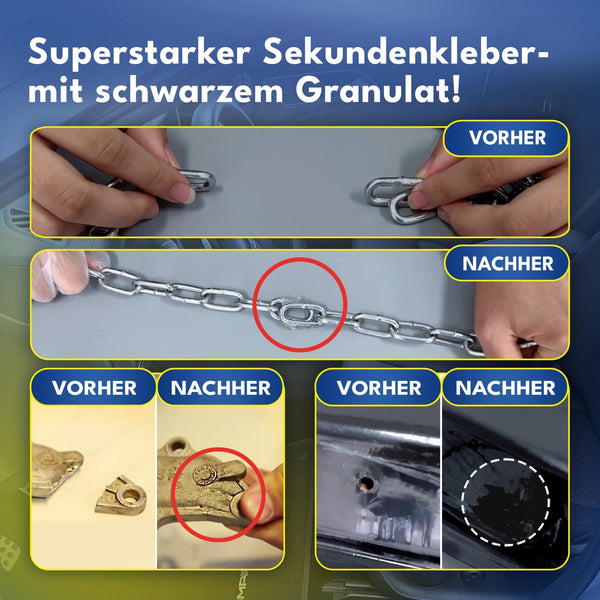 Bild zeigt Vorher-Nachher-Vergleiche von mit ATG® FIX-IT Die flüssige Schweißnaht schwarz (ATG GmbH & Co. KG) reparierten Gegenständen und belegt starke, dauerhafte Verbindungen an Metall und Kunststoff.