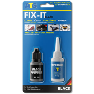 Das ATG FIX-IT Die flüssige Schweißnaht schwarz von ATG GmbH & Co. KG beinhaltet eine 20g Flasche Schwarzpulver und einen 10ml Sekundenkleber für Reparaturen, beschriftet zum Kleben, Füllen, Verstärken und Formen für eine dauerhafte Verbindung.