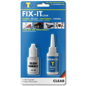 Eine Packung mit einer 20g Klarpulver- und einer 10ml Sekundenkleberflasche, ATG® FIX-IT Die flüssige Schweißnaht transparent von ATG GmbH & Co. KG, für starke, dauerhafte Reparaturen durch Kleben, Füllen, Verstärken und Formen.