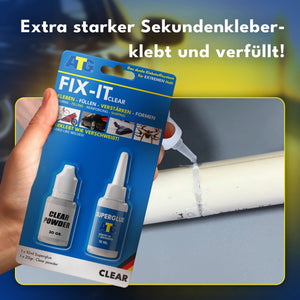Eine Hand hält eine Packung ATG® FIX-IT Die flüssige Schweißnaht transparent der ATG GmbH & Co. KG gegen ein repariertes weißes Rohr, wobei der deutsche Text „starke und dauerhafte Verbindung für Reparaturen an Materialien“ hervorhebt.