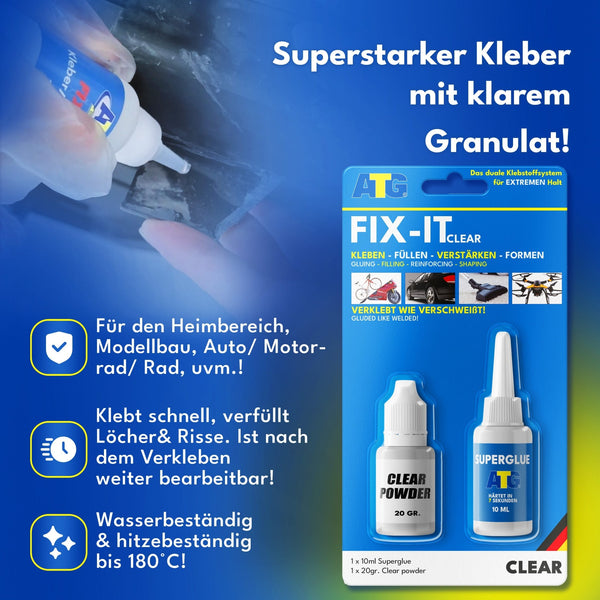 ATG® FIX-IT Die flüssige Schweißnaht transparent von ATG GmbH & Co. KG bietet starke, dauerhafte Verbindung sowie Wasser- und Hitzebeständigkeit. Ideal für Basteln, Modelle, Fahrzeugreparaturen und Reparaturen vieler Materialien.
