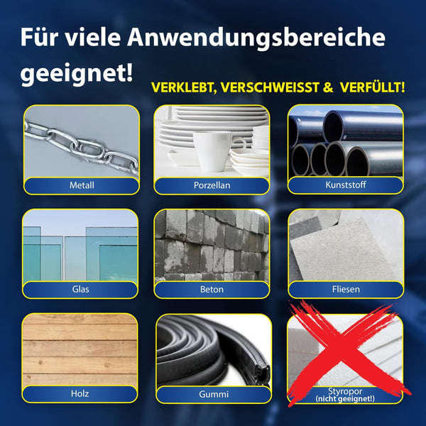 Ein Raster zeigt Materialien wie Metall, Porzellan und Kunststoff an, die sich mit ATG® FIX-IT Die flüssige Schweißnaht transparent (von ATG GmbH & Co. KG) für feste, dauerhafte Verbindungen eignen; Styropor ist als nicht geeignet gekennzeichnet.