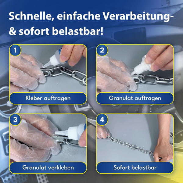 Vierstufige Anleitung mit einer Person, die ATG® FIX-IT Die flüssige Schweißnaht transparent von ATG GmbH & Co. KG auf eine Metallkette aufträgt. Deutsch: schnelle Anwendung sowie starke und dauerhafte Verbindung bei Reparaturen.
