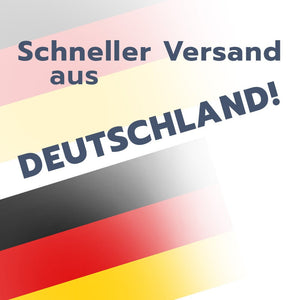 Text in deutscher Sprache auf einem verblassten deutschen Flaggenhintergrund lautet: „Schneller Versand aus DEUTSCHLAND! Ideal zur Entfernung von Staub und Schmutz mit dem ATG® Jelly Cleaning Gel | 4er Set von ATG GmbH & Co. KG.“.