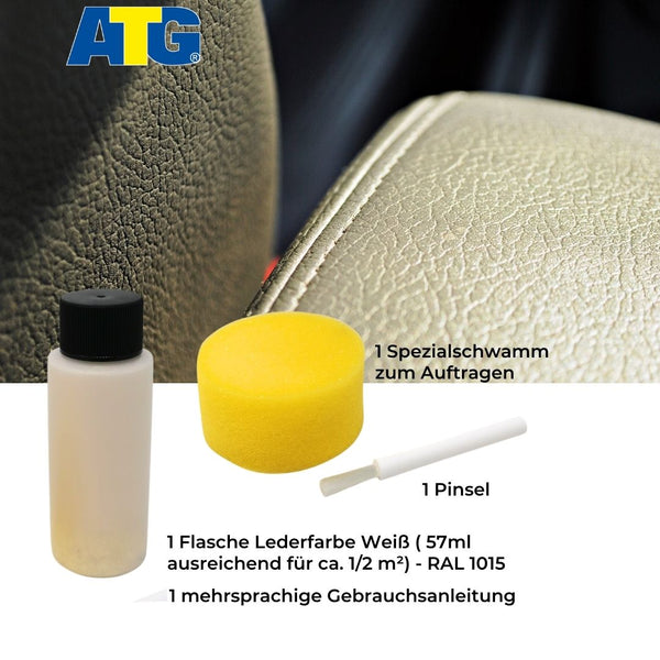 Ein Lederreparaturset mit einer Flasche ATG® Lederfarbe hellbeige von ATG GmbH & Co. KG, einem gelben Schwamm, einer kleinen Bürste und einer mehrsprachigen Gebrauchsanweisung. Der Text in deutscher Sprache beschreibt den Inhalt und die Anwendungsmethode, um sicherzustellen, dass Ihre Lederprodukte wirksam geschützt sind.