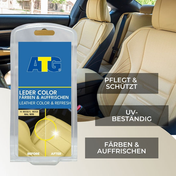 Eine Packung ATG® Lederfarbe hellbeige von ATG GmbH & Co. KG wird vor den beigen Ledersitzen eines Autos ausgestellt und zeigt die „Vorher“- und „Nachher“-Effekte. Der Text hebt Vorteile wie UV-Beständigkeit und Lederpflege hervor und betont, wie Lederprodukte mit einer schützenden Schicht geschützt werden können.