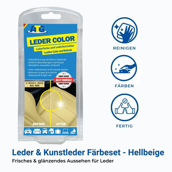 Eine Packung ATG® Lederfarbe hellbeige von ATG GmbH & Co. KG in Hellbeige. Die Packung enthält ein Foto eines Ledersitzes vor und nach dem Gebrauch. Der deutsche Text weist darauf hin, dass es zum Reinigen, Färben und Veredeln von Leder dient und der Lederfarbe eine schützende Schicht für dauerhaften Schutz verleiht.