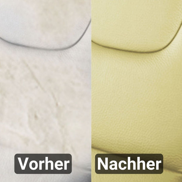 Vergleich einer Lederoberfläche vor und nach der Reinigung. Die linke Seite zeigt eine schmutzige und rissige Struktur mit der Aufschrift „Vorher“, während die rechte Seite, geschützt mit ATG® Lederfarbe hellbeige der ATG GmbH & Co. KG, eine saubere und glatte Oberfläche mit der Aufschrift „Nachher“ aufweist.