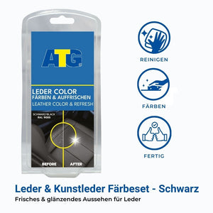 Verpackung von ATG® Lederfarbe schwarz der ATG GmbH & Co. KG in Schwarz, die ein „Vorher“- und „Nachher“-Bild einer Lederrestaurierung zeigt. Anleitung: Reinigen, färben, fertig. Perfekt für Lederfarbanwendungen zum Verdecken von Kratzern auf Ihren Lederprodukten.