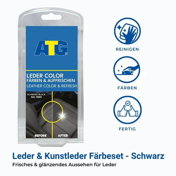 Verpackung von ATG® Lederfarbe schwarz der ATG GmbH & Co. KG in Schwarz, die ein „Vorher“- und „Nachher“-Bild einer Lederrestaurierung zeigt. Anleitung: Reinigen, färben, fertig. Perfekt für Lederfarbanwendungen zum Verdecken von Kratzern auf Ihren Lederprodukten.