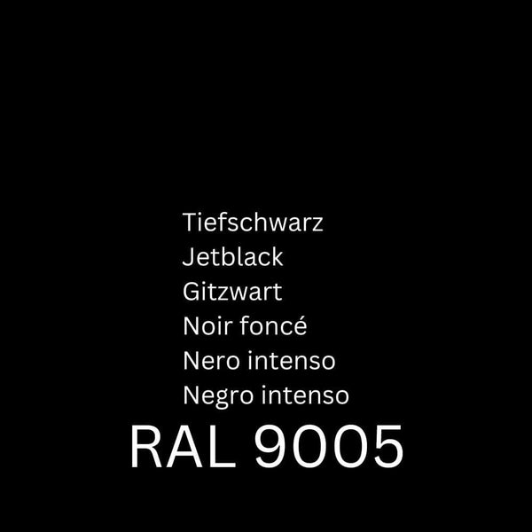 Ein schwarzer Hintergrund mit der Aufschrift „RAL 9005“ in weißem Text sowie verschiedenen Übersetzungen von „tiefschwarz“ in Deutsch, Englisch, Niederländisch, Französisch, Italienisch und Spanisch. Ideal für alle, die Lederprodukte schützen oder Kratzer mit einer hochwertigen Lederfarbe wie ATG® Lederfarbe schwarz von ATG GmbH & Co. KG abdecken möchten.