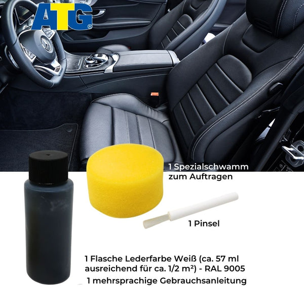 Innenraum eines Autos mit einem schwarzen Ledersitz. Im Lieferumfang enthalten sind ein gelber Schwamm, eine kleine Bürste und eine Flasche weiße ATG® Lederfarbe schwarz mit einem deutschen Text, der ihre Verwendung beschreibt. Diese Produkte helfen, Lederprodukte zu schützen und Kratzer zu verdecken, damit die Polster makellos bleiben.