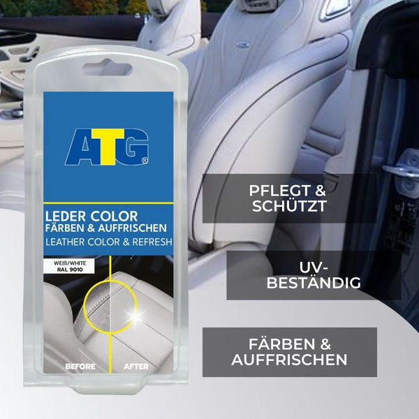 Eine Produktpackung mit der Aufschrift „ATG® Lederfarbe weiß“ von ATG GmbH & Co. KG, abgebildet vor einem Autoinnenraum-Hintergrund. Zu den aufgeführten Eigenschaften zählen „Pflegt & Schützt“, „UV-Beständig“ und „Färbt & Frischt auf“. Ideal für Lederprodukte, hilft es effektiv, Kratzer zu verdecken und revitalisiert gleichzeitig das Aussehen des Leders.