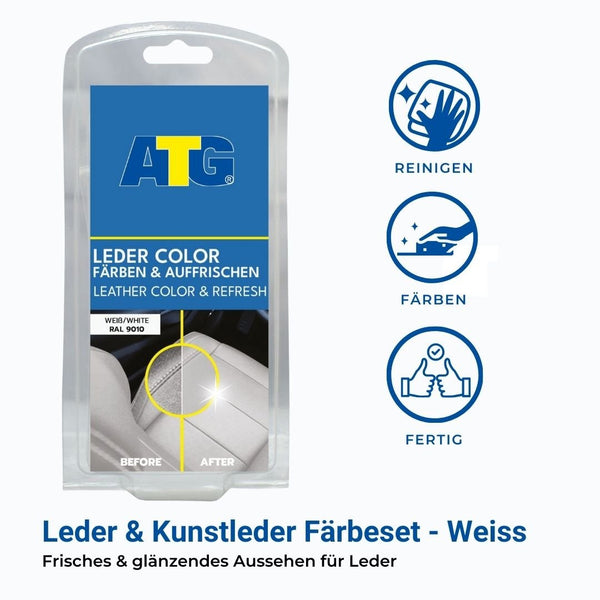 ATG® Lederfarbe weiß in Weiß für Leder und Kunstleder. Dieses vielseitige Set zeigt nicht nur Reinigungs-, Färbe- und Veredelungsschritte mit „Vorher“- und „Nachher“-Bildern, sondern hilft auch, Kratzer zu verdecken. Text in Deutsch.

