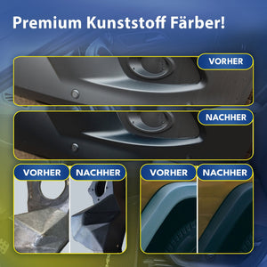 Verwandeln Sie Kunststoffoberflächen mit dem ATG® Perfect Color - Kunststoff & PVC Färbeset schwarz 2er Set der ATG GmbH & Co. KG. Siehe „Vorher“ für verblasste Kunststoffe und „Nachher“ für restaurierte, dunklere Oberflächen; Ideal zum Umrüsten von Autoverkleidungen zu Gartenmöbeln.