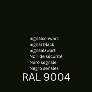 Auf schwarzem Hintergrund listet der Text Farbnamen auf: Signalschwarz, Signal black, Noir de sécurité. Ideal für Gartenmöbel mit Kunststoffoberflächen. „RAL 9004“ erscheint unten. Produkt: ATG® Perfect Color - Kunststoff & PVC Färbeset schwarz 2er Set von ATG GmbH & Co. KG.