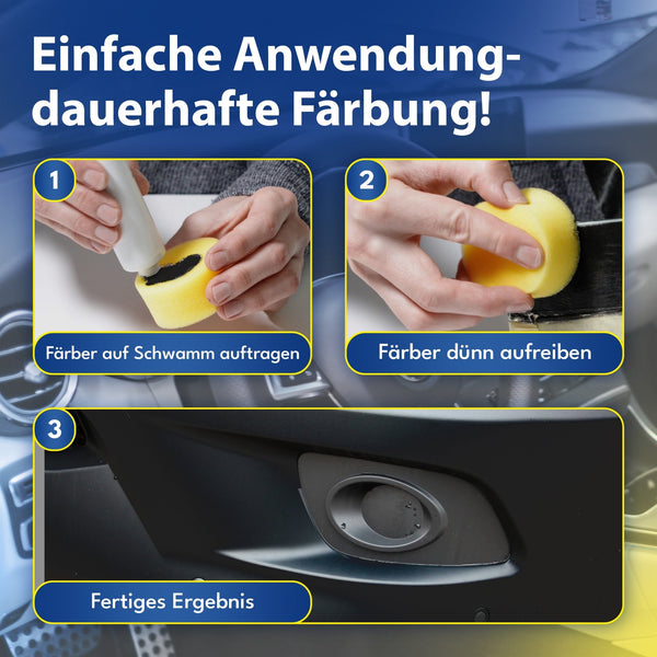 Anleitung zum Auftragen der Farbe mit einem Schwamm: 1) ATG® Perfect Color aus dem Kunststoff & PVC Färbeset auf den Schwamm geben, 2) Gartenmöbel oder Oberflächen dünn aufreiben, 3) Fertige Optik. Marke: ATG GmbH & Co. KG.