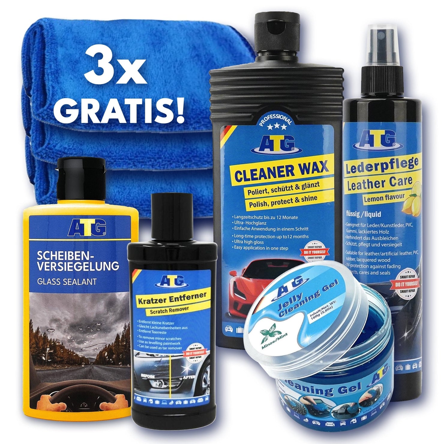 Entdecken Sie das ATG® Premium Autopflegeset für innen & außen von der ATG GmbH & Co. KG, ein Autopflegeset inklusive Scheibenversiegelung, Kratzerentferner, Reinigungswachs, Lederpflege, Reinigungsgel und drei kostenlosen blauen Mikrofasertüchern für ein makelloses Finish.
