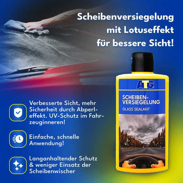 Eine deutsche Anzeige präsentiert eine gelbe Flasche des ATG® Premium Autopflegesets für innen & außen der ATG GmbH & Co. KG und hebt Vorteile wie verbesserte Sichtbarkeit, UV-Schutz, einfache Anwendung und langanhaltende Wirkung bei seltenerem Wischergebrauch hervor.