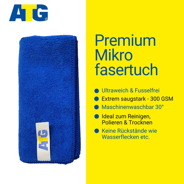 Das ATG® Autopflege Starter-Set enthält zwei blaue Mikrofasertücher mit ATG-Logo, die für ihre ultraweiche, fusselfreie und saugstarke (300 g/m²) Qualität bekannt sind. Sie sind bei 30 °C maschinenwaschbar und eignen sich perfekt zum rückstandslosen Reinigen, Polieren und Trocknen von Fahrzeugen – ideal für Autopflege-Enthusiasten.