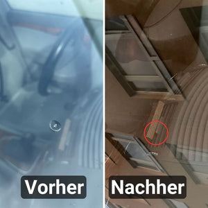 Teilbild einer Windschutzscheibe. Linke Seite mit der Aufschrift „Vorher“ und sichtbarem Steinschlag. Rechte Seite mit der Aufschrift „Nachher“ und repariertem Steinschlag, rot eingekreist. Erleben Sie einfache Steinschlagreparatur mit unserem ATG® Steinschlag-Reparaturset mit UV-Licht zum Selbermachen von ATG GmbH & Co. KG.