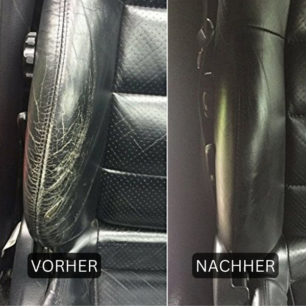 Ein Bild eines Autositzes vor und nach dem ATG® 4in1 Leder-Reparaturset der ATG GmbH & Co. KG.